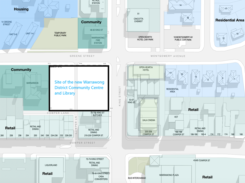 aerial map of location for new community centre and library, corner of King and Greene streets Warrawong