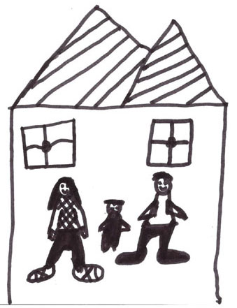 Drawing by Curtis of two adults and a child in a house