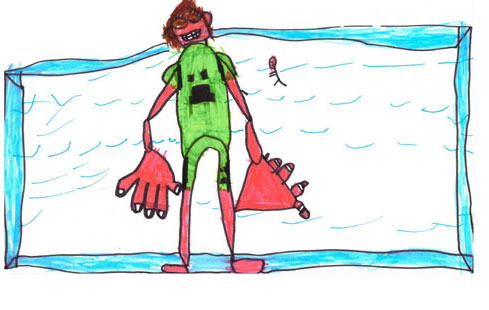Drawing by Jacob of person in green swim outfit in front of a pool