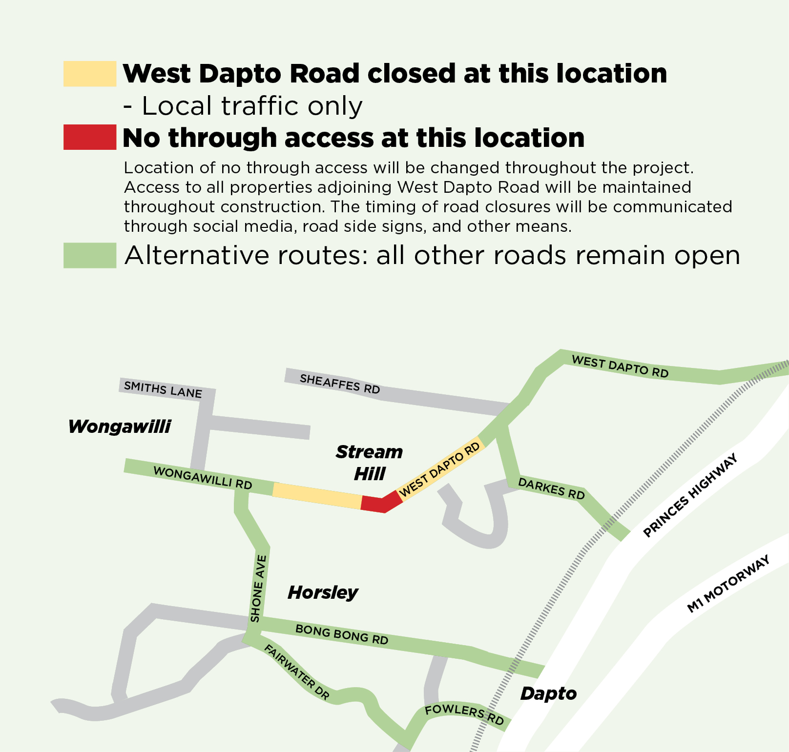 Map showing closures at West Dapto Road